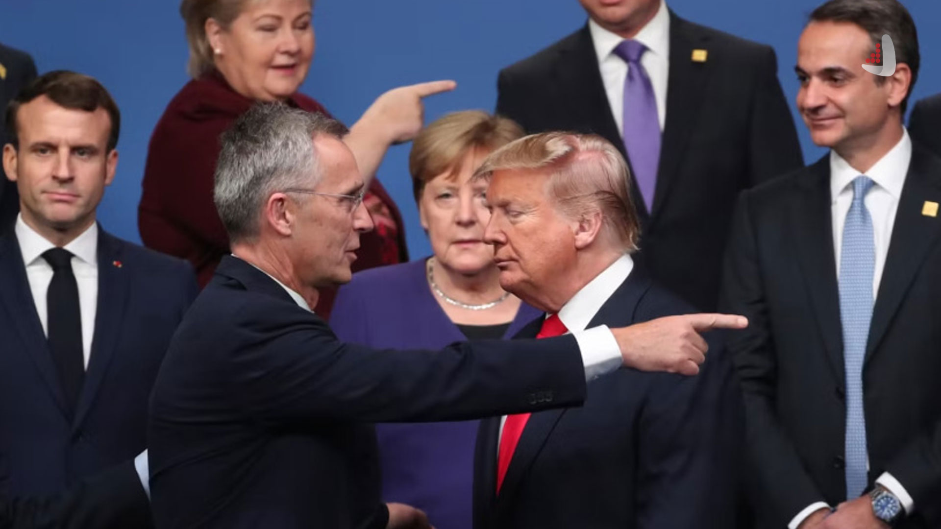NATO Secretary General Jens Stoltenberg gestures to U.S. President Donald Trump