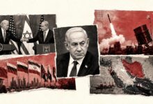 Photomontage of Benjamin Netanyahu and Joe Biden Alongside Missile Launches and Persian Gulf Map