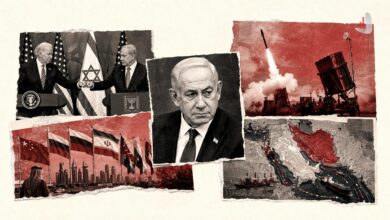 Photomontage of Benjamin Netanyahu and Joe Biden Alongside Missile Launches and Persian Gulf Map