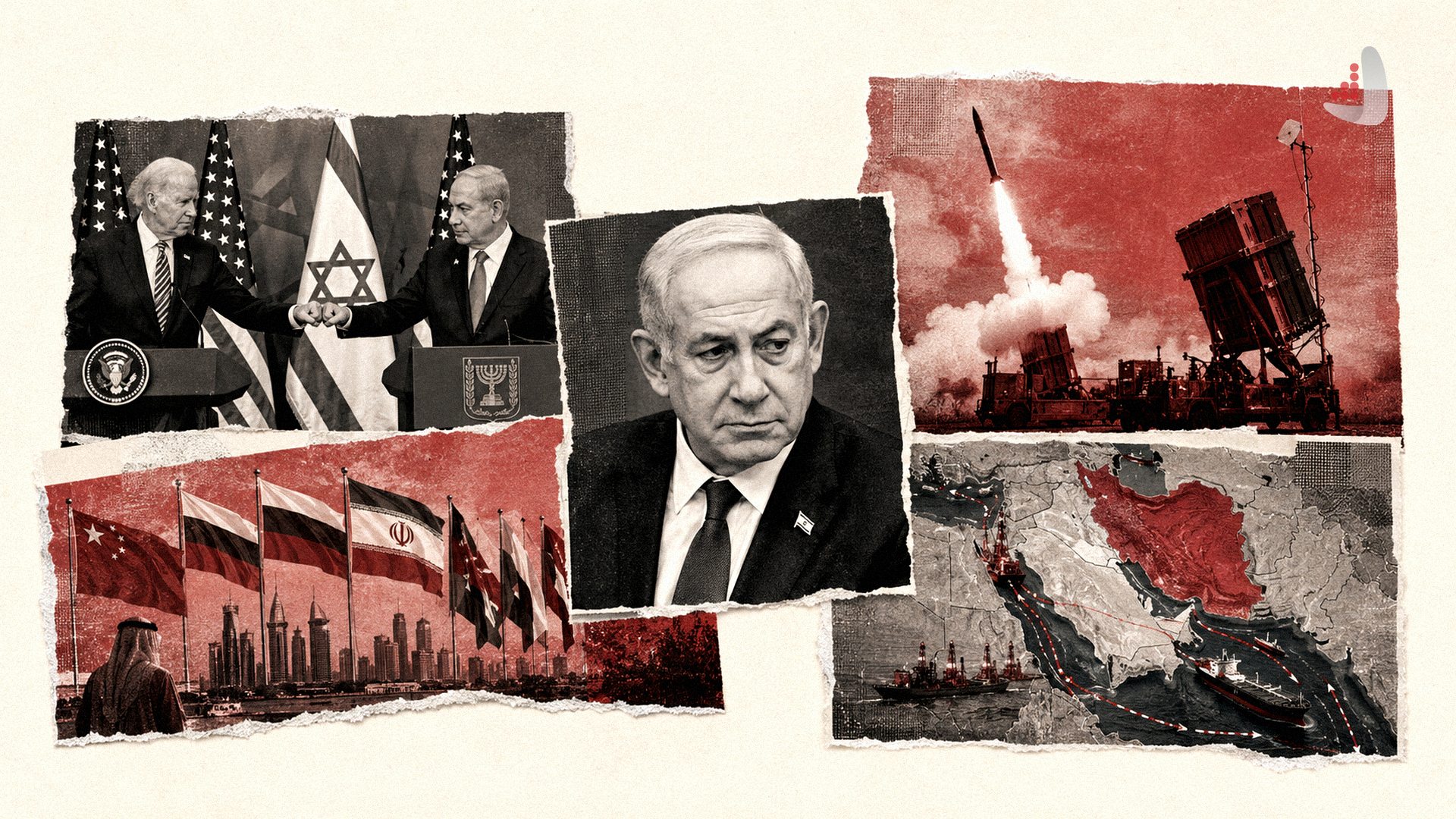 Photomontage of Benjamin Netanyahu and Joe Biden Alongside Missile Launches and Persian Gulf Map