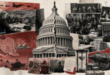 Political Graphic Collage Centered on the Cracked US Capitol with Donald Trump, Iranian Missiles, Warships, and the Pentagon