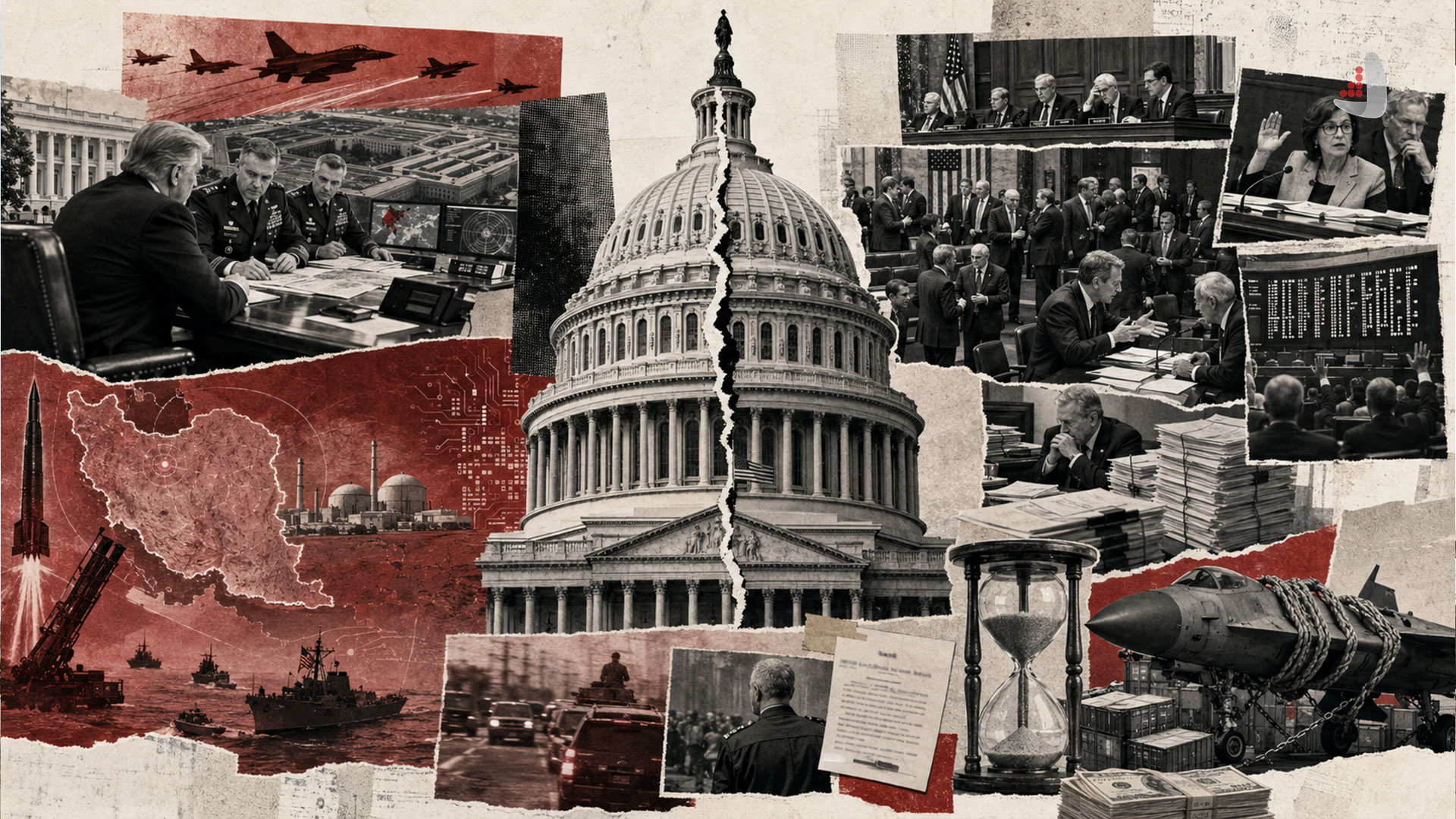 Political Graphic Collage Centered on the Cracked US Capitol with Donald Trump, Iranian Missiles, Warships, and the Pentagon