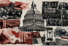 Political Graphic Collage Centered on the Cracked US Capitol with Donald Trump, Iranian Missiles, Warships, and the Pentagon