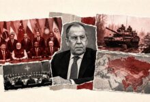 Title: Photomontage of Sergey Lavrov Alongside BRICS Leaders, Military Tanks, and Eurasia Map