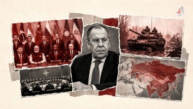 Title: Photomontage of Sergey Lavrov Alongside BRICS Leaders, Military Tanks, and Eurasia Map