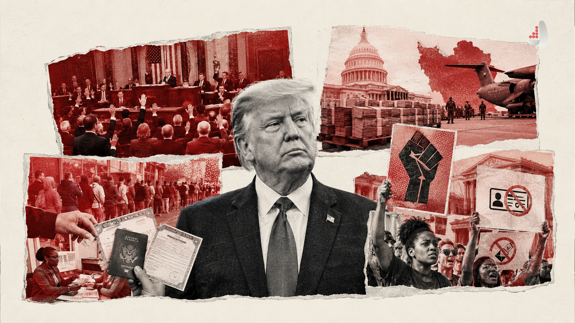 A graphic collage design featuring Donald Trump's face in the center, with a red background incorporating a map of Iran, a military aircraft, protest gatherings, and US immigration documents.
