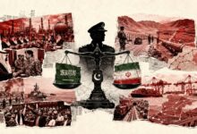Conceptual digital collage poster about diplomacy, military, and economic relations between Iran, Saudi Arabia, and Pakistan with a scale of justice