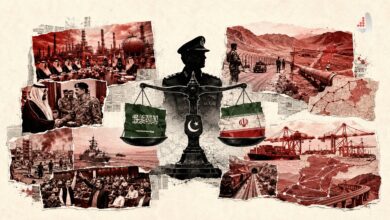 Conceptual digital collage poster about diplomacy, military, and economic relations between Iran, Saudi Arabia, and Pakistan with a scale of justice