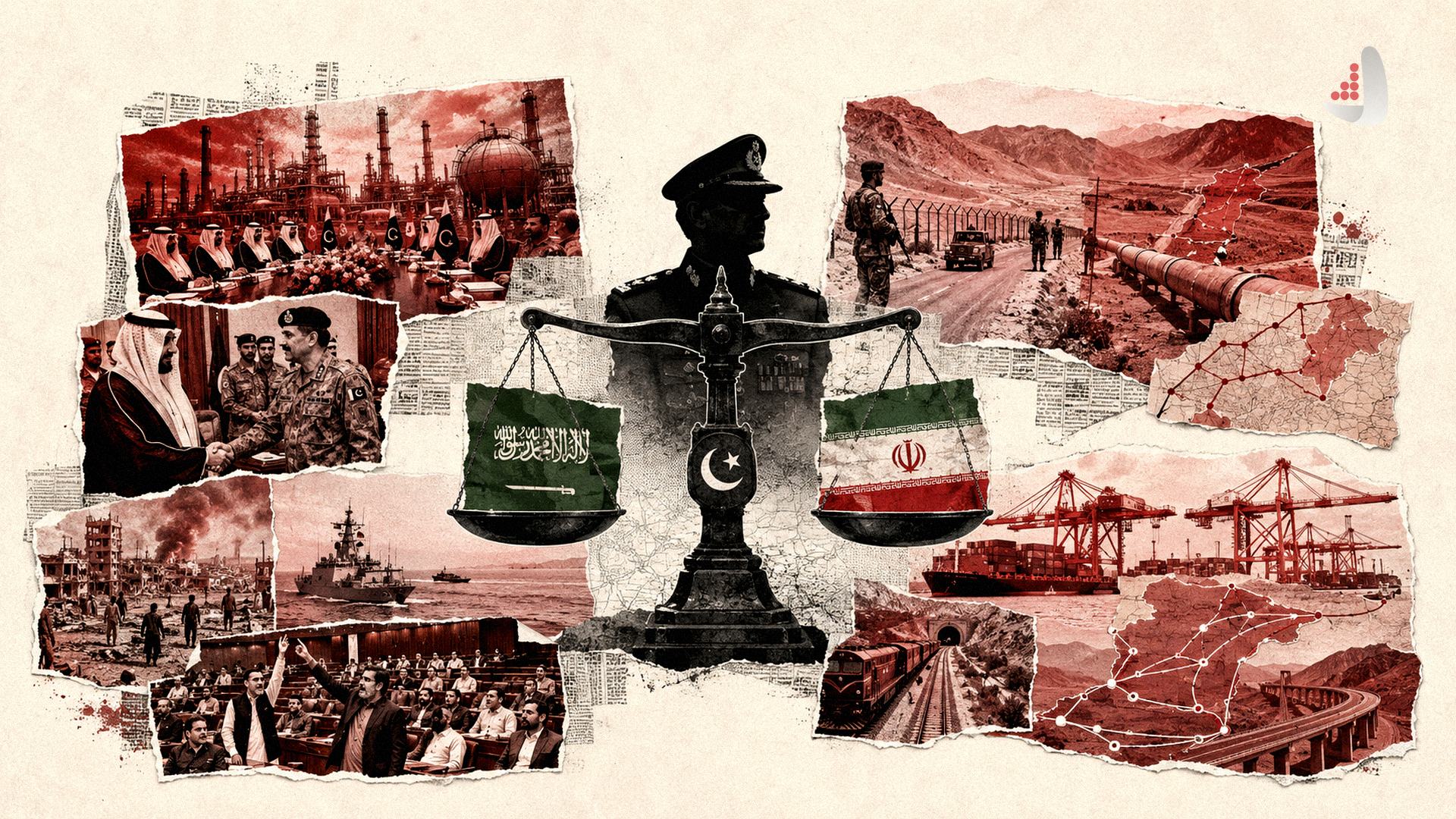 Conceptual digital collage poster about diplomacy, military, and economic relations between Iran, Saudi Arabia, and Pakistan with a scale of justice