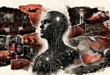 Conceptual digital collage poster featuring artificial intelligence, cyber warfare, military monitoring, and geopolitical maps of the Middle East