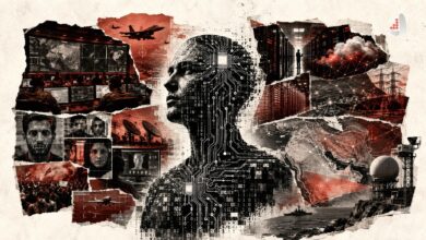 Conceptual digital collage poster featuring artificial intelligence, cyber warfare, military monitoring, and geopolitical maps of the Middle East