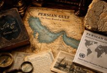 Historical map of the Persian Gulf alongside old documents and records referring to the name “Persian Gulf”