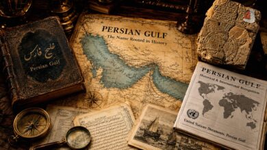 Historical map of the Persian Gulf alongside old documents and records referring to the name “Persian Gulf”
