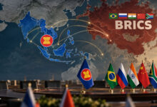 Conceptual image of ASEAN–BRICS engagement with an Asia map and flags