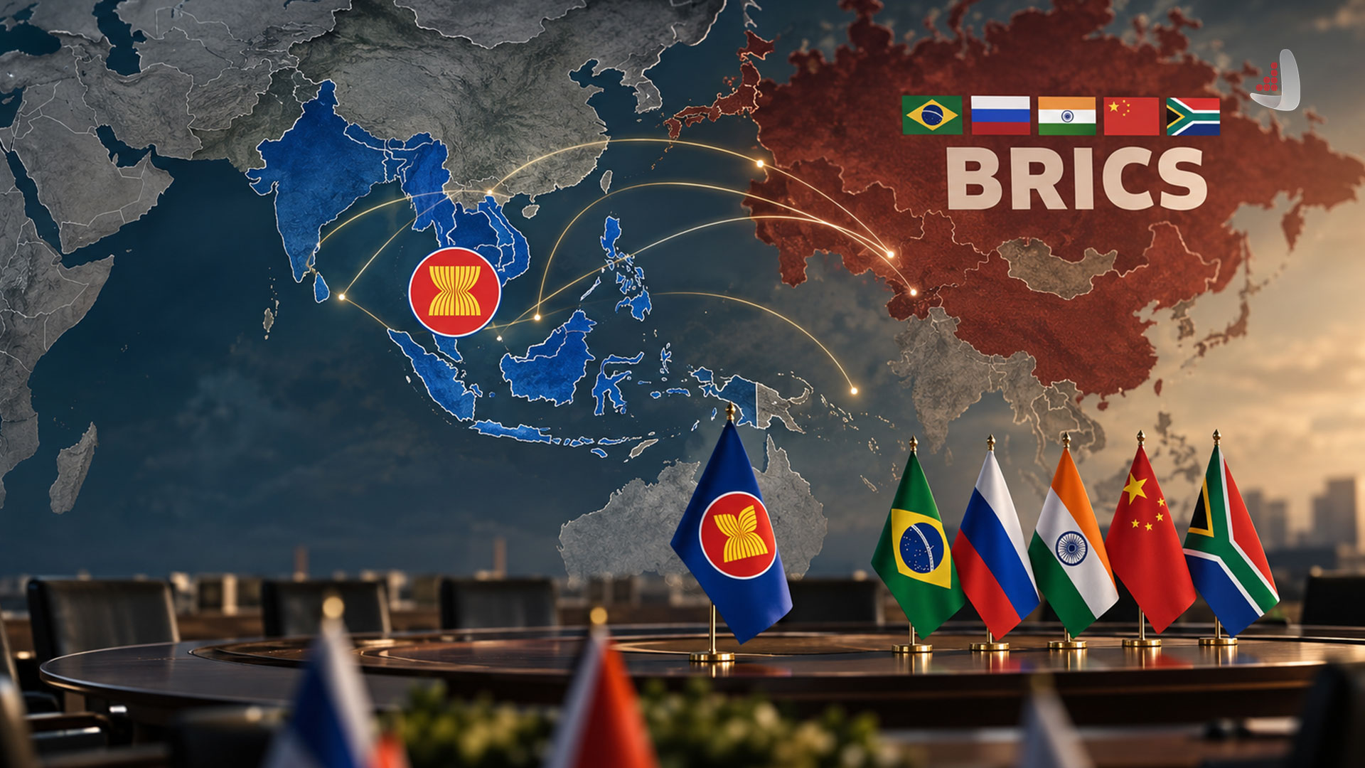 Conceptual image of ASEAN–BRICS engagement with an Asia map and flags