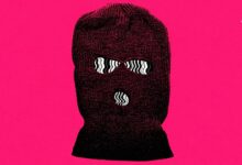 The illustration depicts a face covered by a knitted beanie, with the eyes and mouth distorted by digital glitches resembling computer screens
