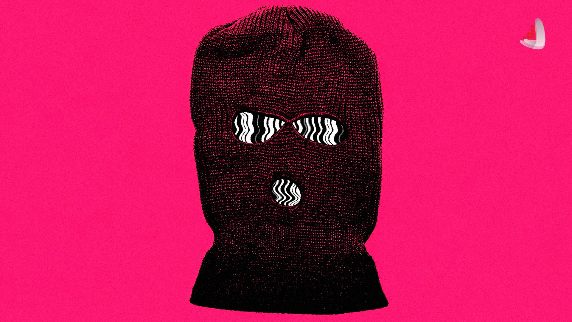 The illustration depicts a face covered by a knitted beanie, with the eyes and mouth distorted by digital glitches resembling computer screens