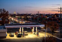 Gas station at dusk with the US Capitol building in the distance