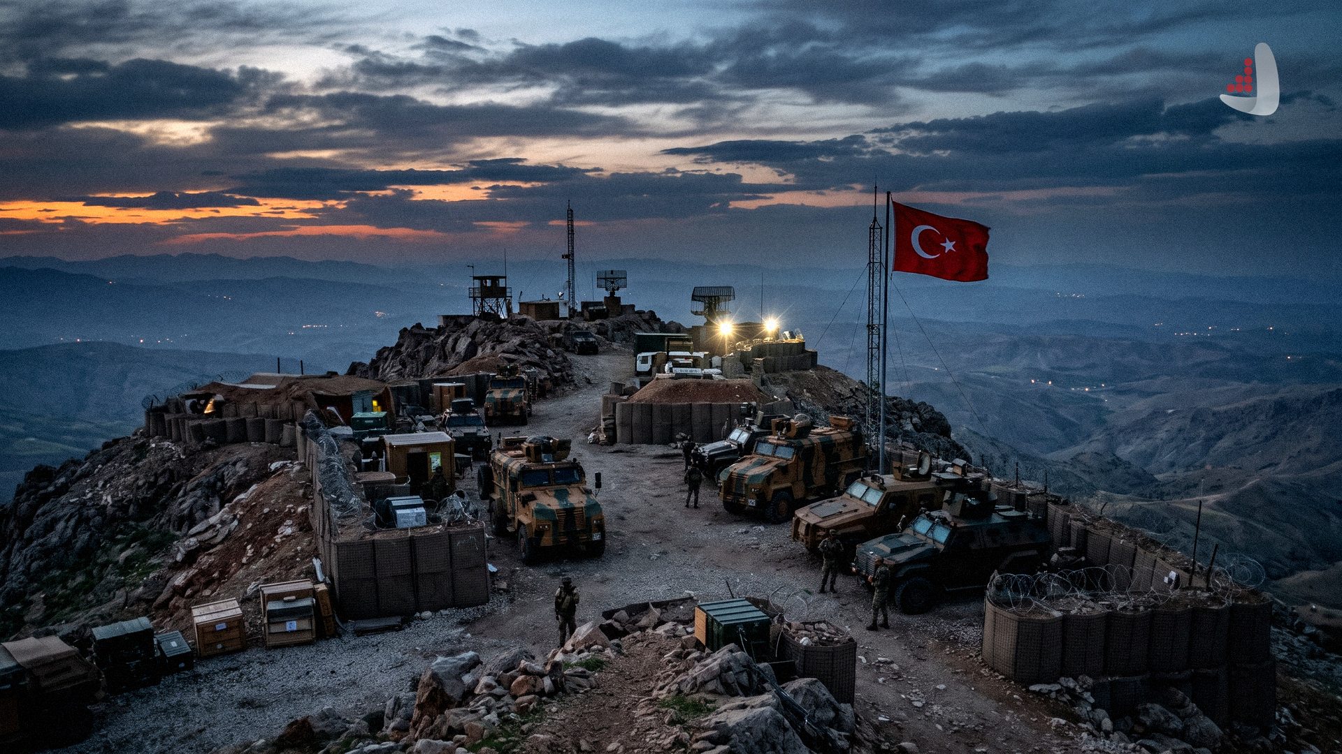 Turkish military outpost with armored vehicles and a flag situated on a rocky mountain peak