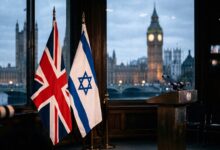 British and Israeli flags standing next to a podium with Big Ben visible through the window