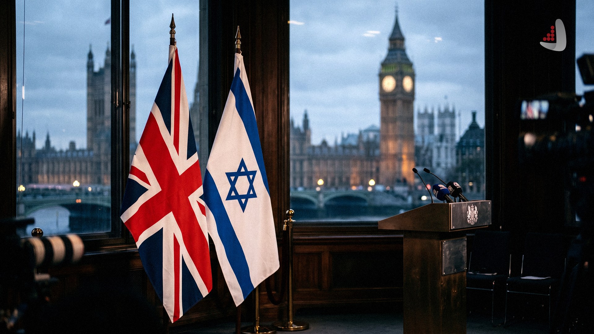 British and Israeli flags standing next to a podium with Big Ben visible through the window
