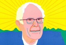 A portrait of Bernie Sanders, the U.S. senator, against a green and yellow background