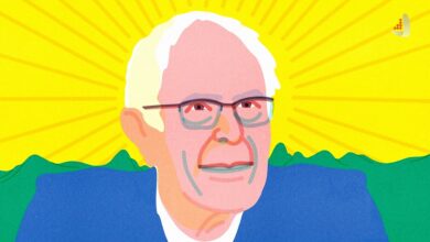 A portrait of Bernie Sanders, the U.S. senator, against a green and yellow background