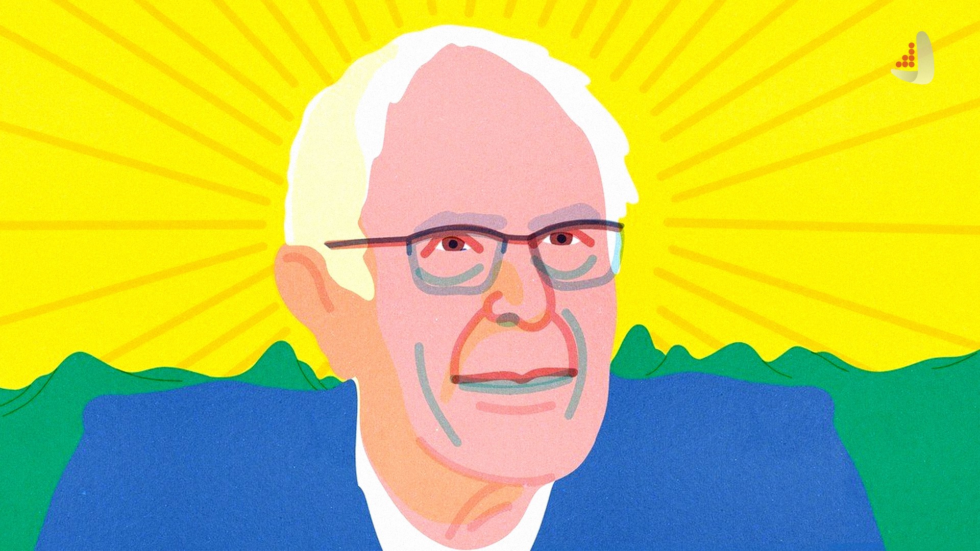 A portrait of Bernie Sanders, the U.S. senator, against a green and yellow background