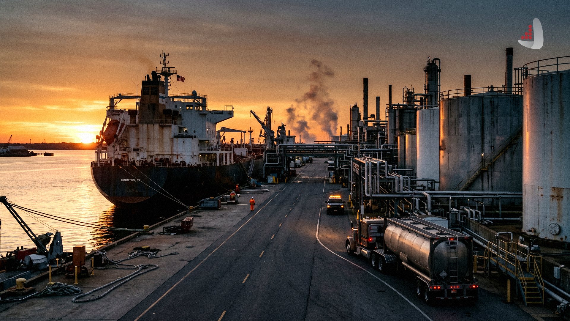 An oil tanker docked at an industrial port facility next to storage tanks and a fuel truck