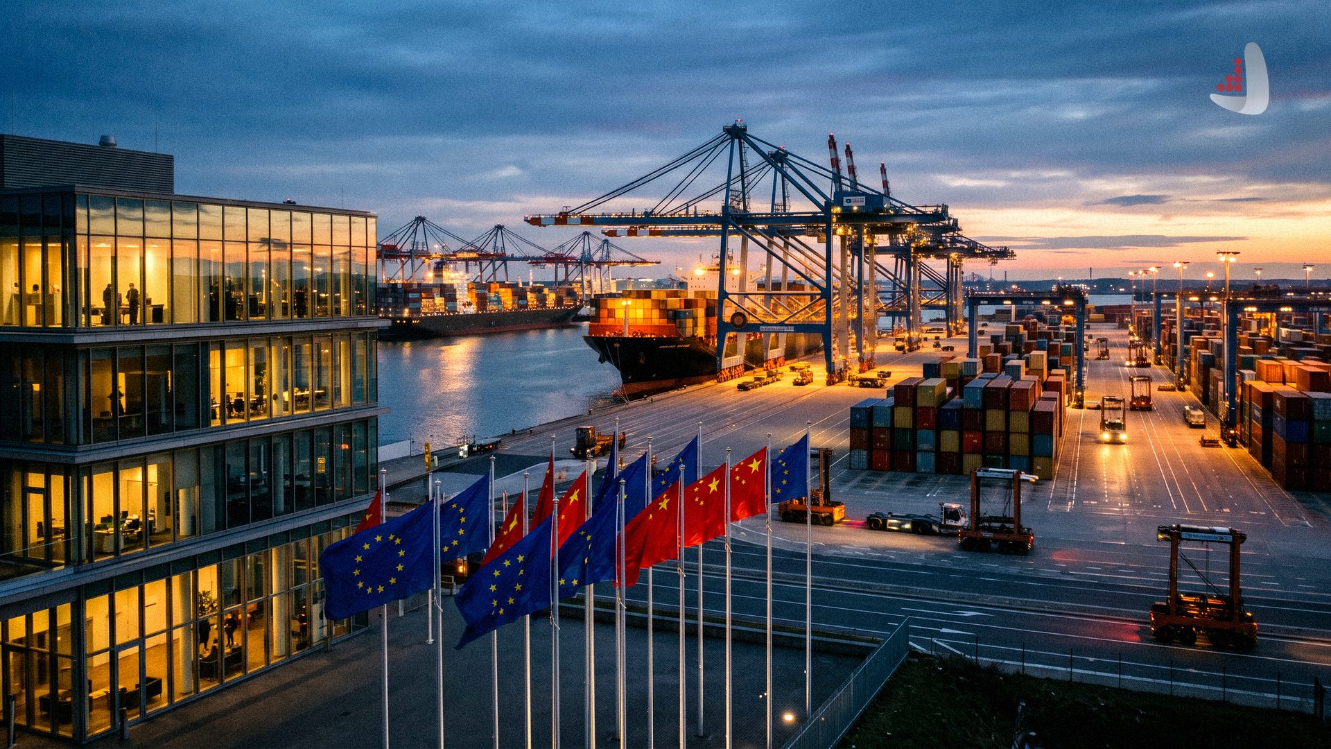 Flags of the European Union and China flying at a busy industrial shipping port at sunset