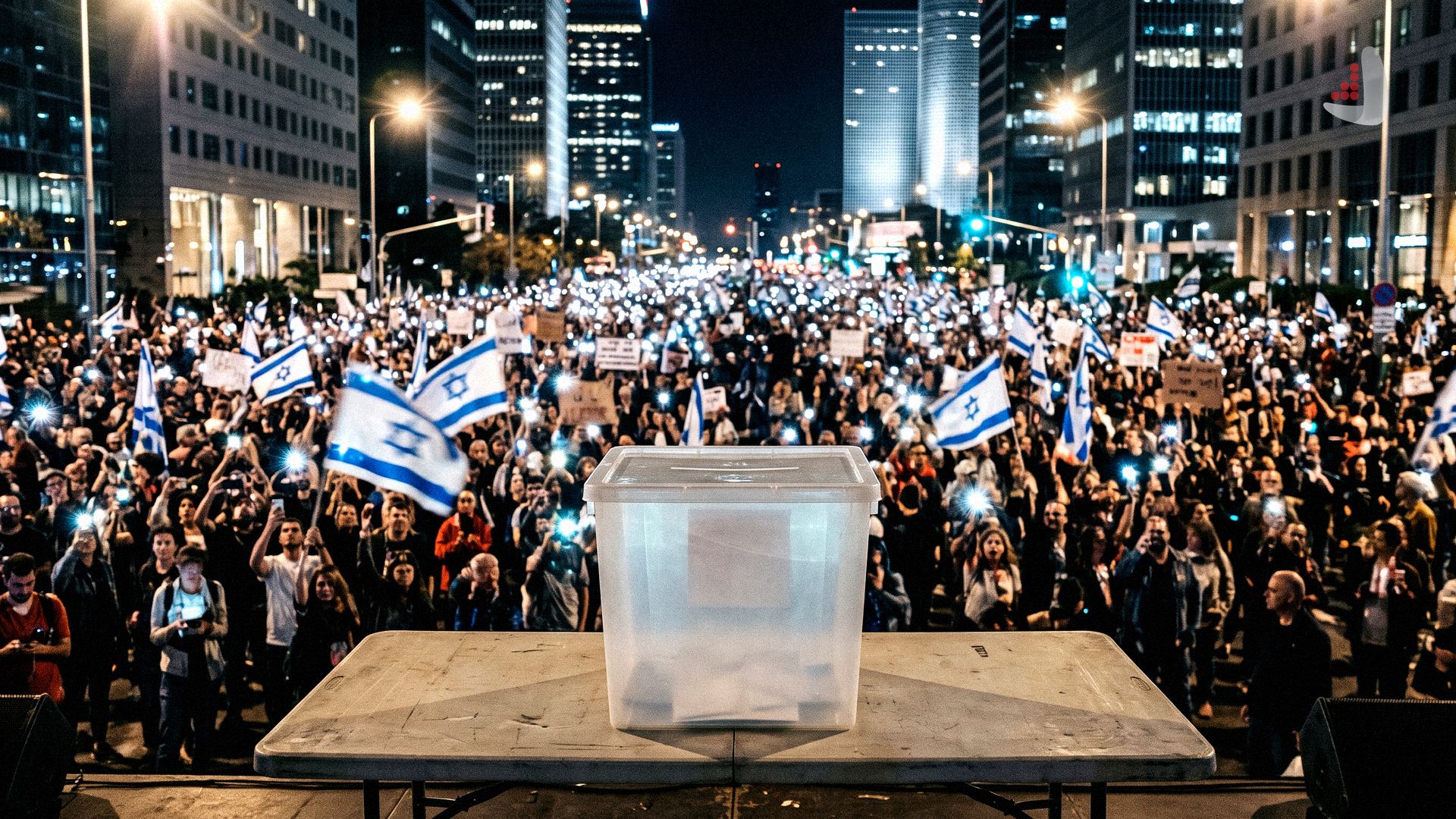 Clear ballot box on a table in front of a massive crowd of anti-government protesters in Tel Aviv