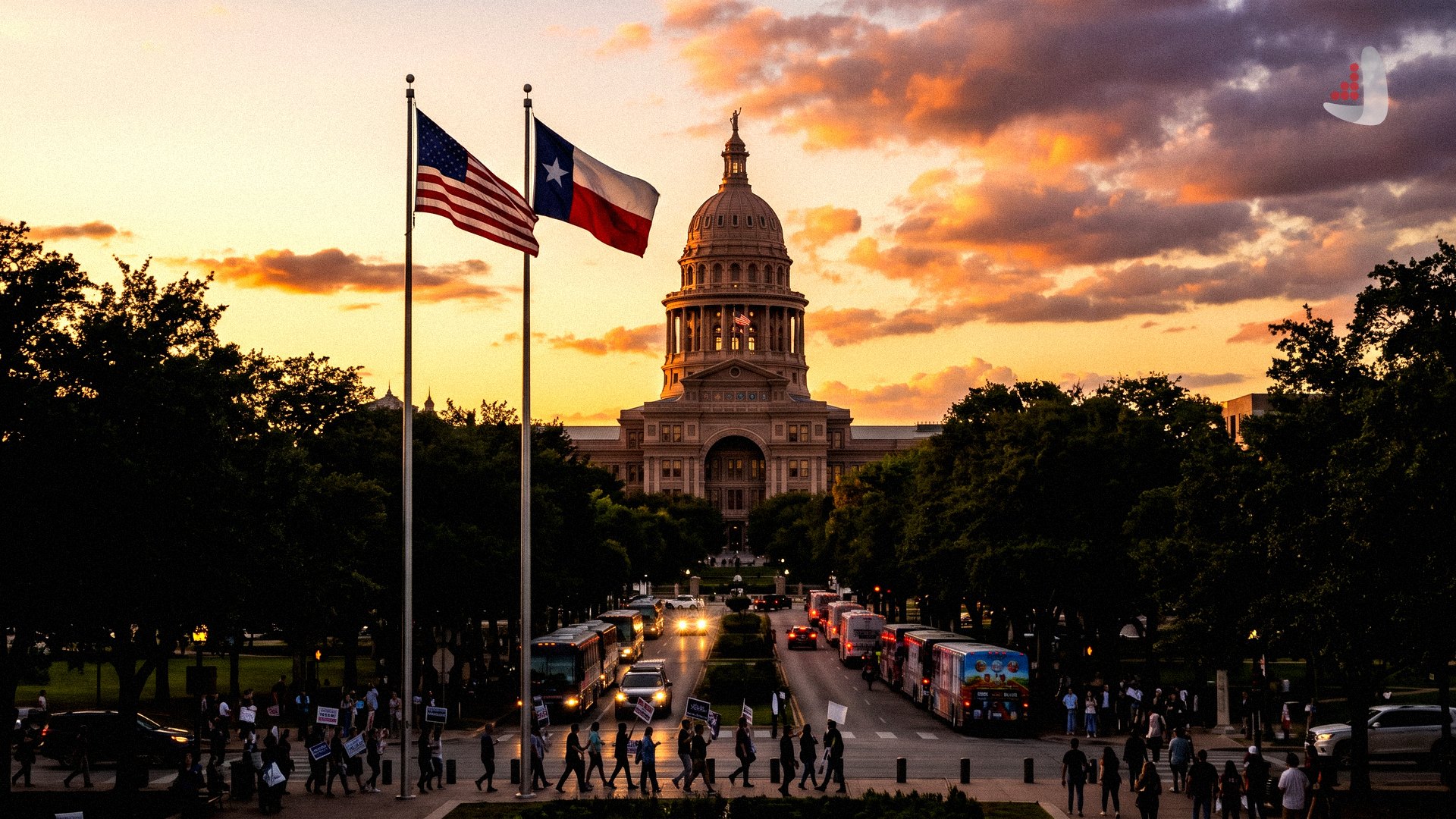 The Texas State Capitol building at sunset with protesters and campaign buses on the street