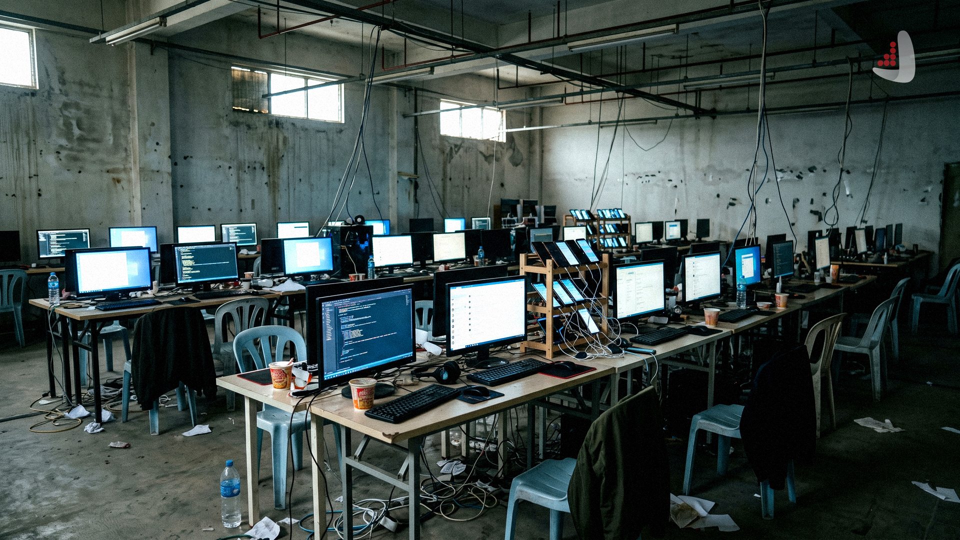 Room filled with computers and mobile phones set up for cyber scam operations