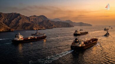 Commercial oil tankers and naval warships navigating through the Strait of Hormuz waterway at sunset