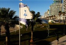 A weathered Israeli flag flying from a flagpole near high-rise buildings and a pedestrian walkway in Tel Aviv, symbolizing the country’s political and social crisis