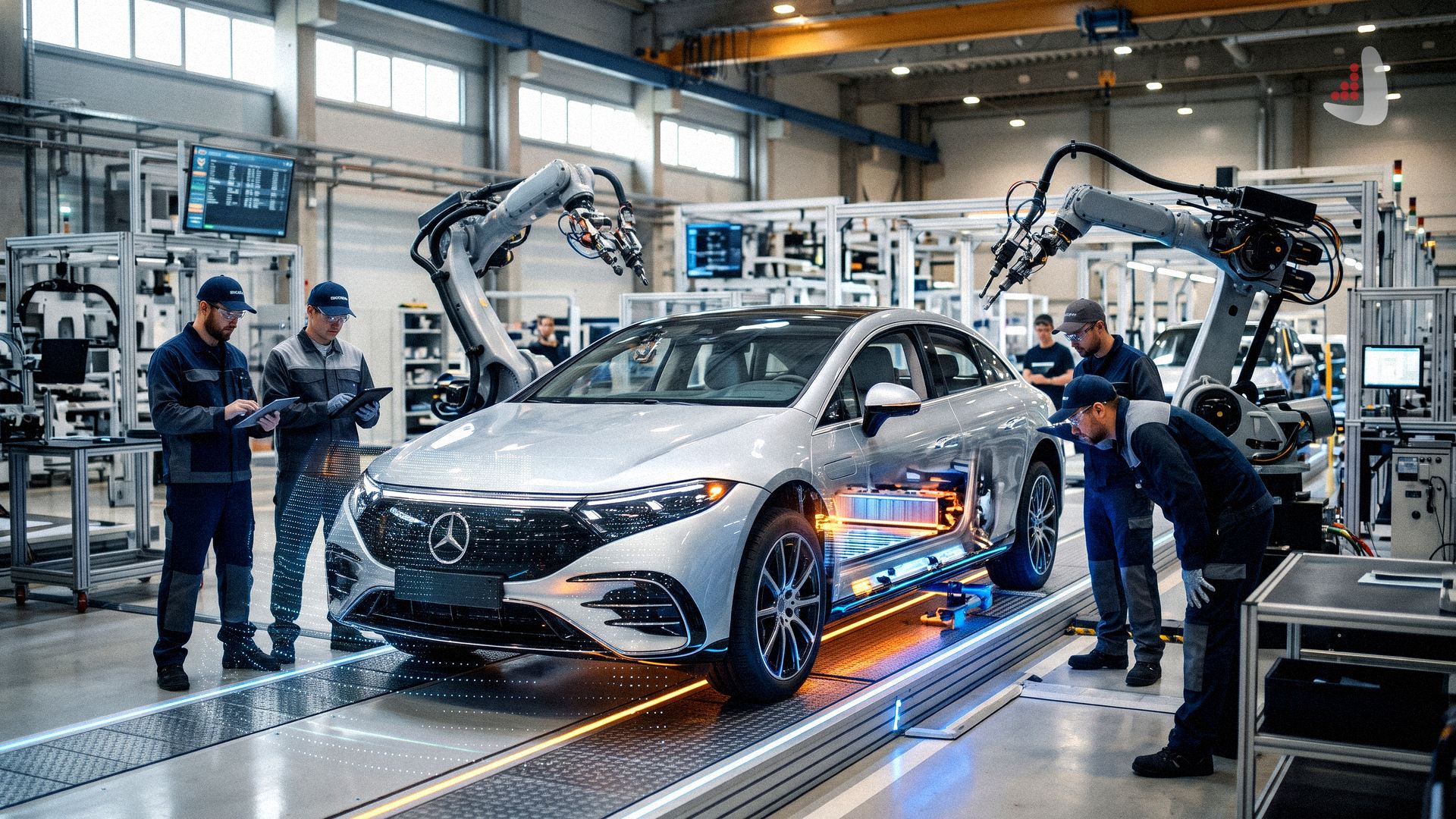 Workers and robotic arms assembling a silver electric vehicle in a modern factory