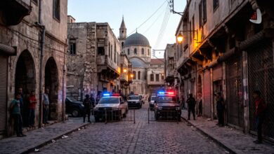 Police and security vehicles stationed in a historic street in front of a church