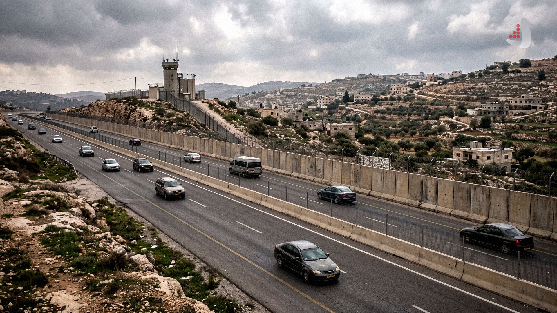 Multi-lane highway with tall concrete barrier walls, a watchtower, and moving vehicles in the West Bank