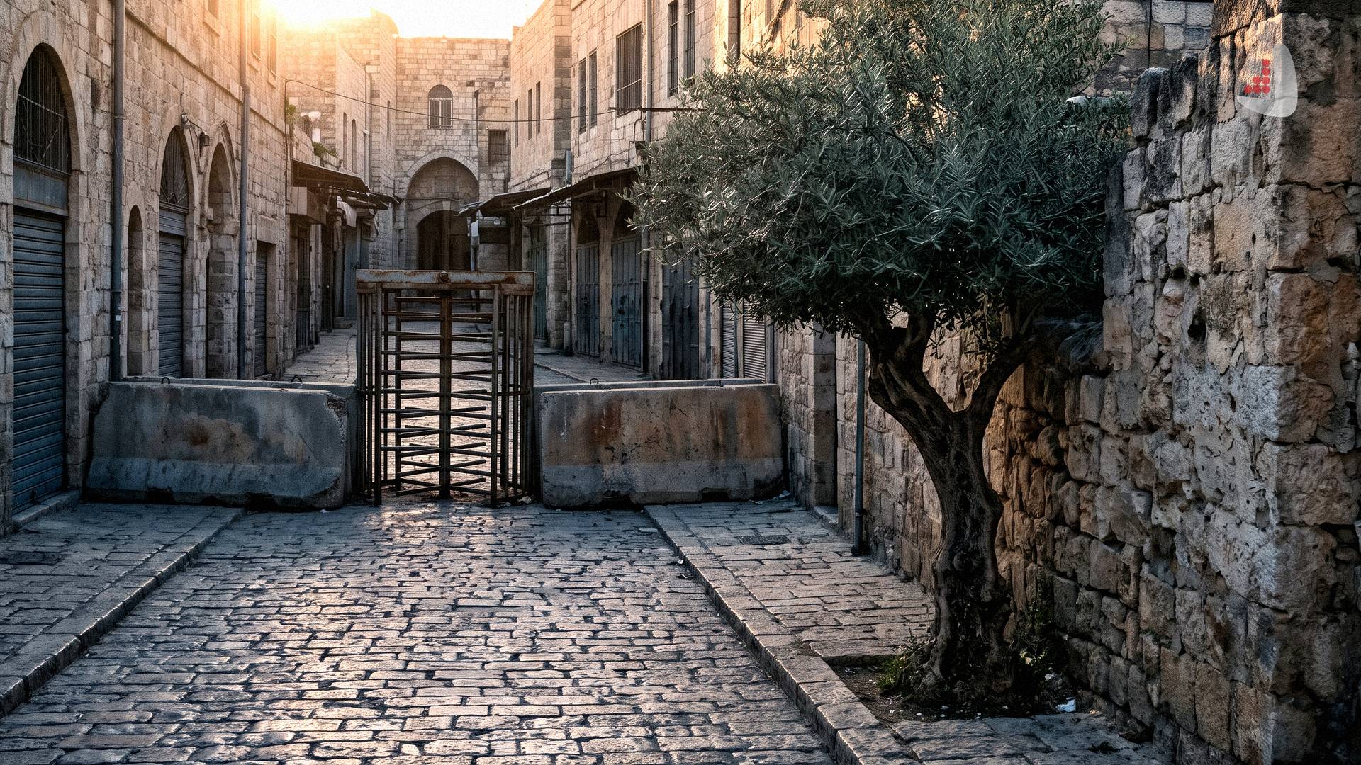Metal turnstile and concrete barriers blocking a cobblestone street in Hebron