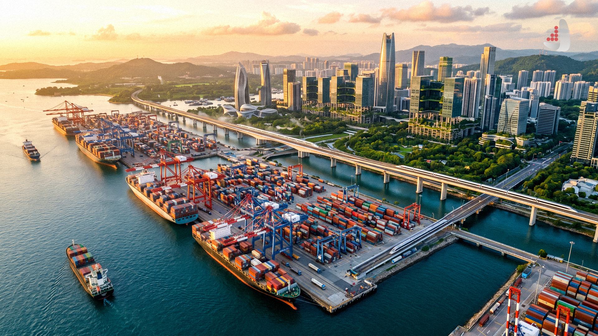 Aerial view of a busy shipping port with cranes and containers near a modern city skyline