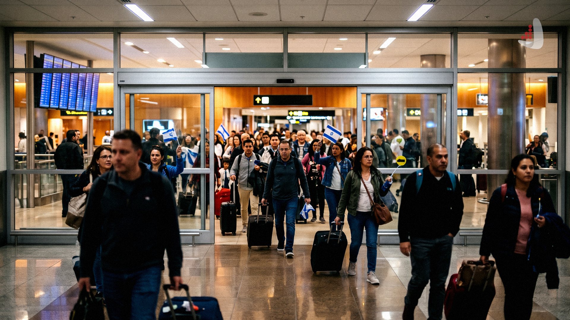 Travelers pulling luggage and waving small Israeli flags while exiting airport terminal doors