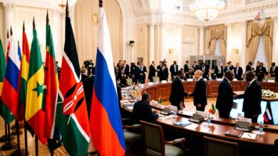 Vladimir Putin shaking hands with an African leader at a large round conference table surrounded by national flags