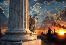 Graphic featuring a cracked marble column, an eagle statue, a world map, and industrial factories