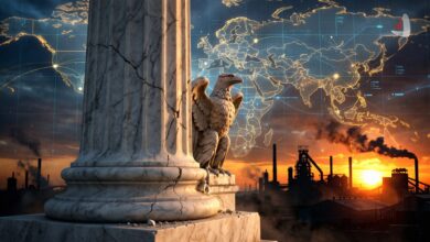 Graphic featuring a cracked marble column, an eagle statue, a world map, and industrial factories