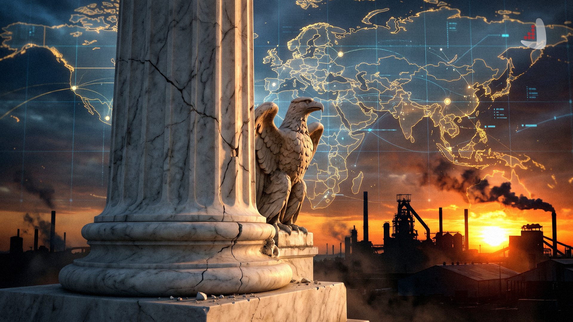 Graphic featuring a cracked marble column, an eagle statue, a world map, and industrial factories