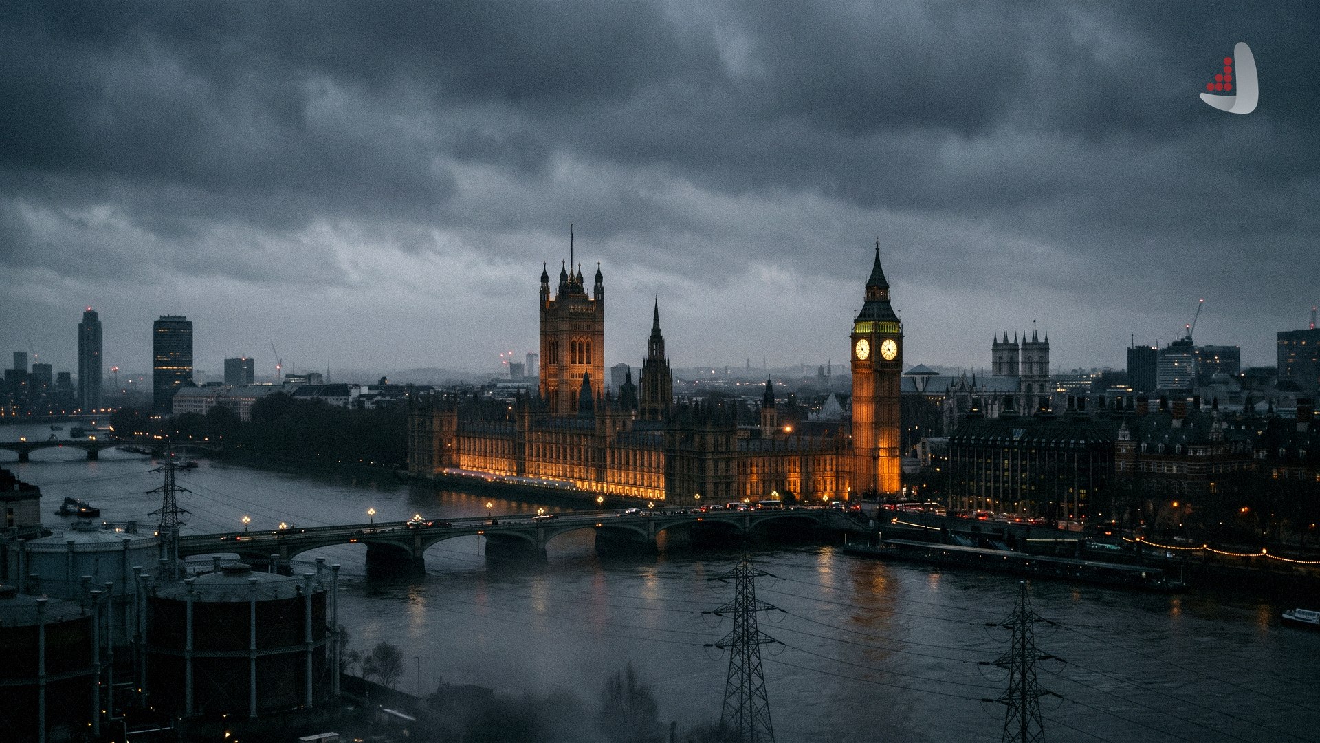 The illuminated Palace of Westminster and Big Ben under a dark, stormy sky in London