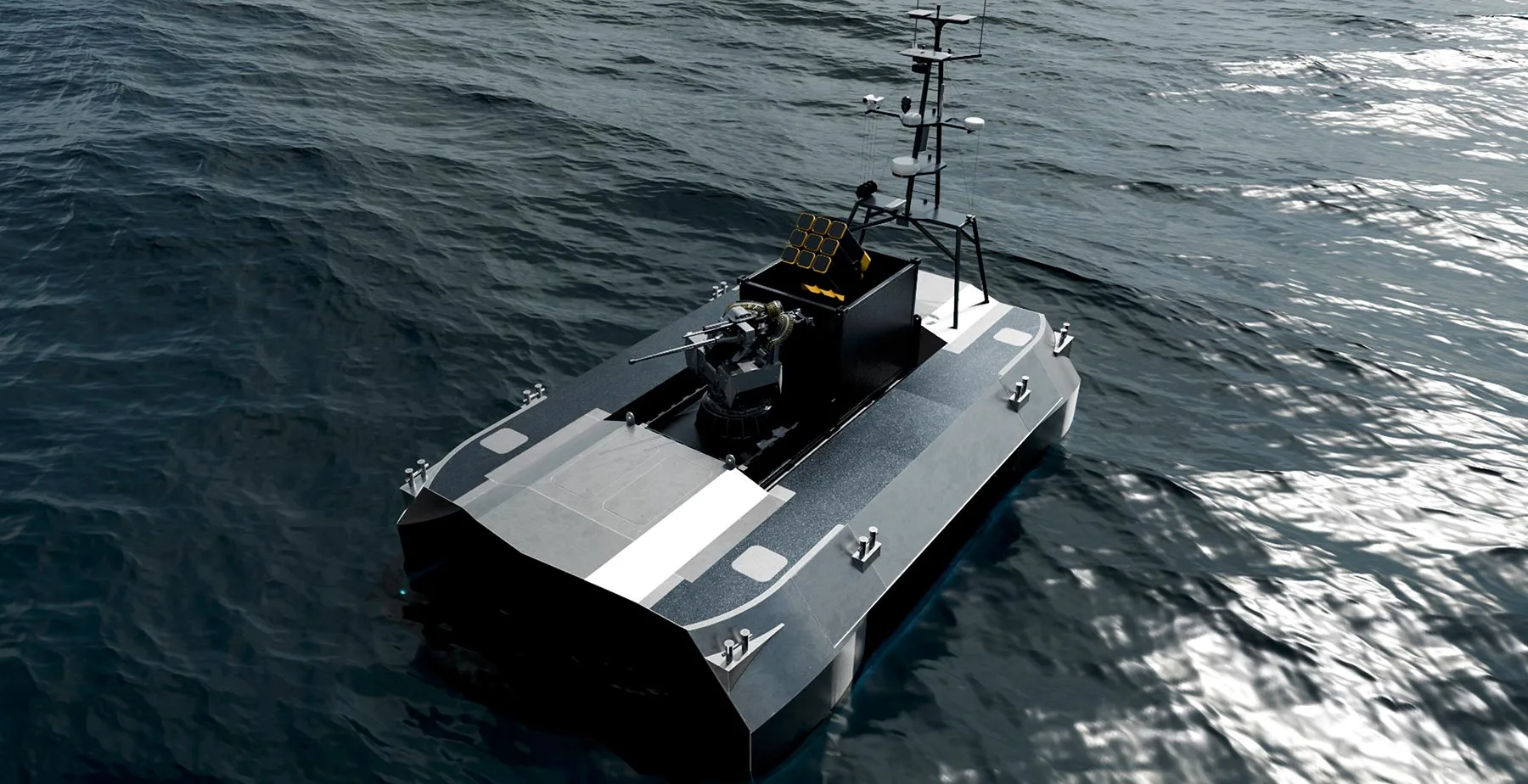 Graphic illustration of an armed military uncrewed surface vessel navigating ocean waves