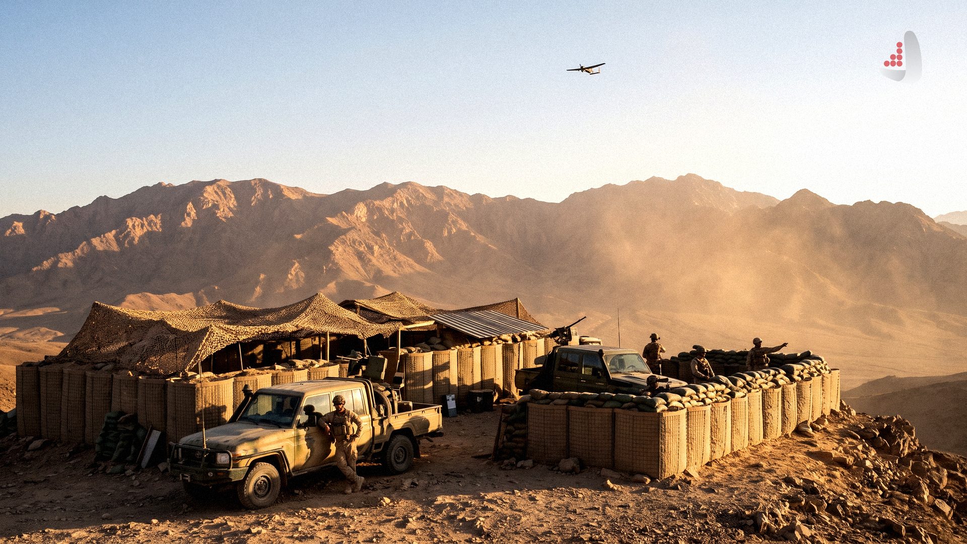 Military soldiers and pickup trucks stationed at a sandbagged outpost in a mountainous desert region