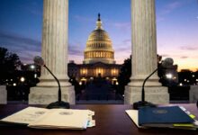 Microphones and folders on a wooden desk facing the US Capitol building