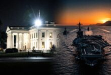 Graphic collage combining the White House at night and a US aircraft carrier fleet